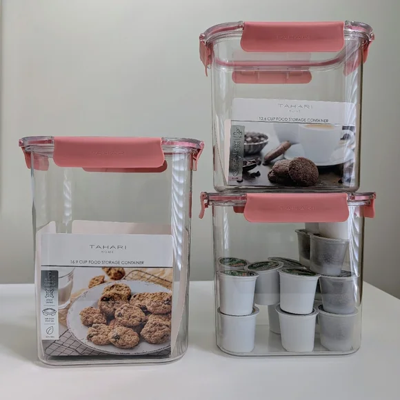 NEW Set 3 TAHARI Large Clear Food Storage Container Stackable BPA Free Snap Pink - Picture 2 of 14